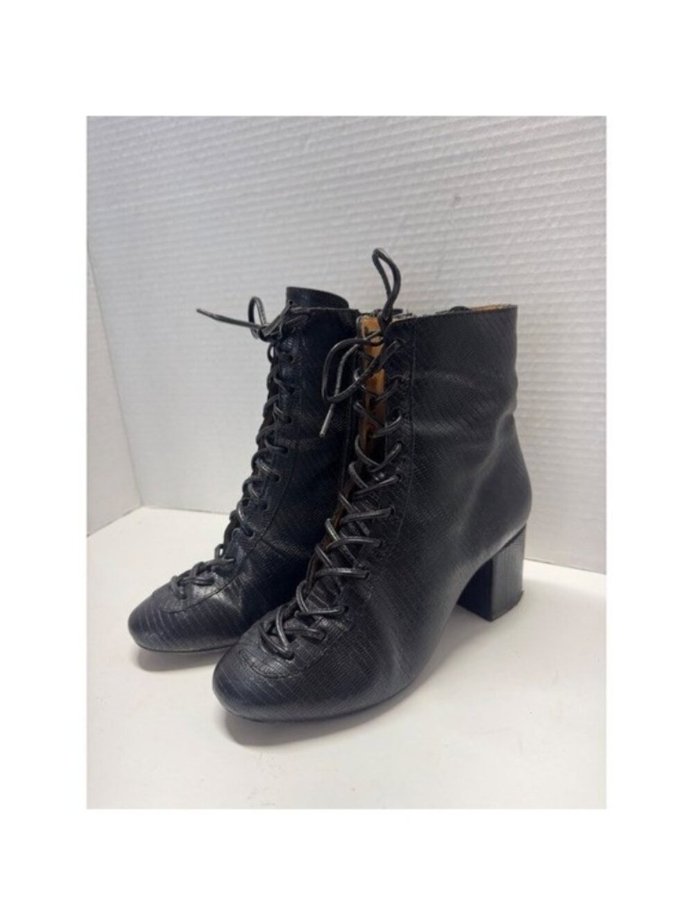 Sezane High Hope Black Lizard Embossed Leather Lace Up Block Heel Boots 36 6